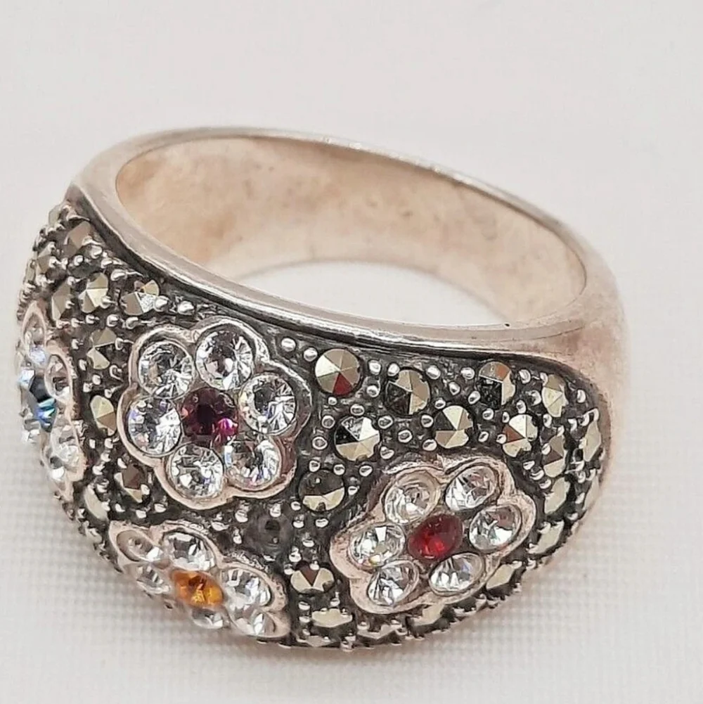 Sterling Silver Marcasite & Tiny Gemstone Flower Ring,  Size 6.75